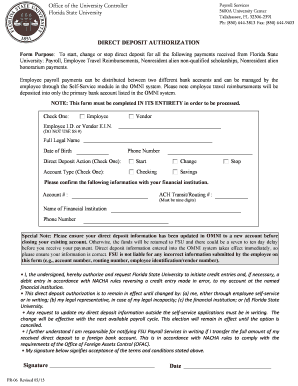 Florida State University Direct Deposit Authorization
