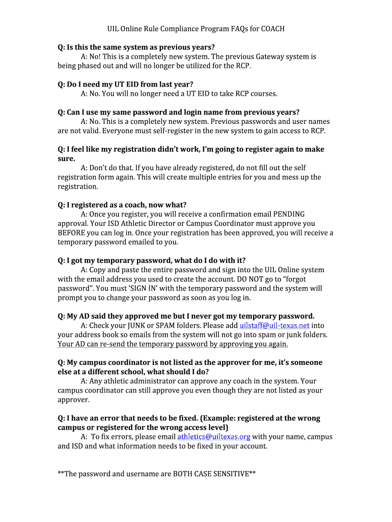 Fillable Online uiltexas UIL Online Rule Compliance Program FAQs for COACH Q Is this Fax Email