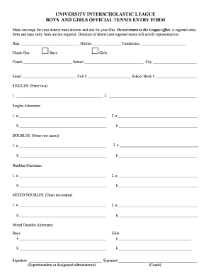 University Interscholastic League Tennis Entry Form