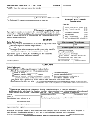 Wisconsin Small Claims Summons and Complaint