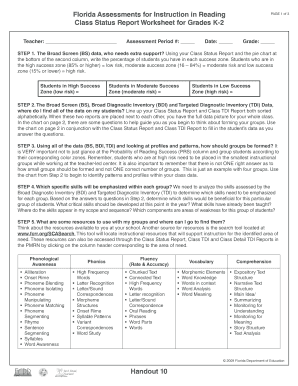 Florida Reading Assessment Class Status Report Worksheet