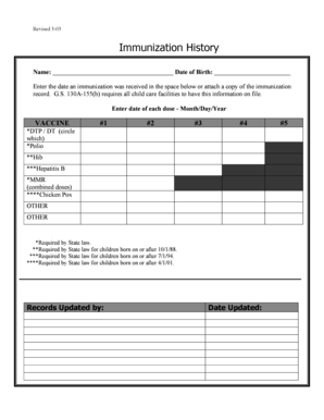Immunization History Form