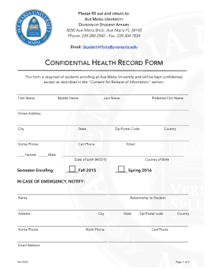 Confidential Health Record Form