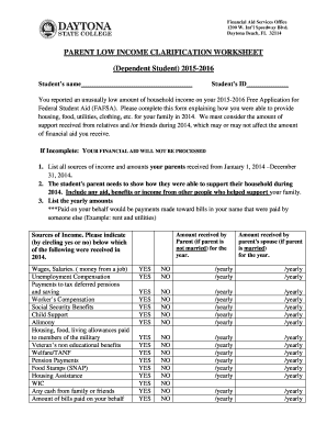 Parent Low Income Clarification Worksheet