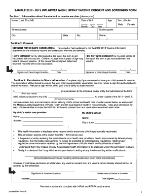 2012-2013 Influenza Nasal Spray Vaccine Consent Form