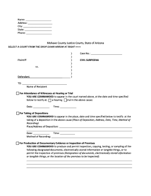 Arizona Civil Subpoena Form