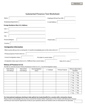 Substantial Presence Test Worksheet