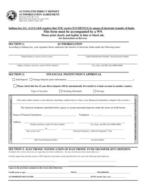Indiana Direct Deposit Authorization Agreement
