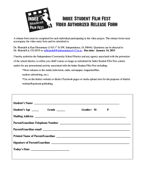 Video consent form for school - Indee Student Film Fest-2013 Video Authorized Release Form.doc - independence k12 ia