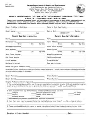 Kansas Child Care Medical Record Form