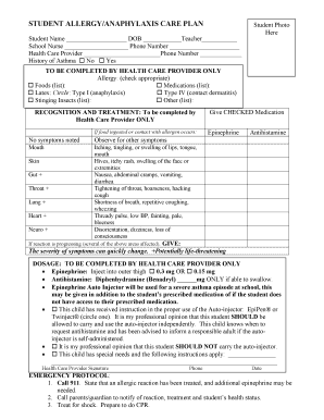 Student Allergy Anaphylaxis Care Plan
