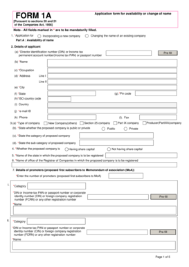 Form 1A Application for Company Name Availability or Change