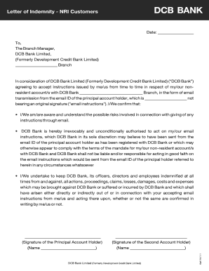 Indemnification letter - Letter of indemnity - NRI Customers - DCB Bank