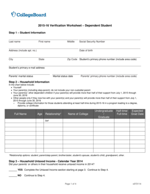 2015-16 Verification Worksheet – Dependent Student