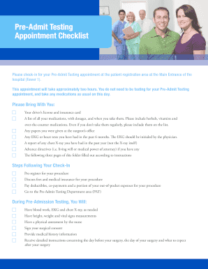 Pre-Admit Testing Appointment Checklist