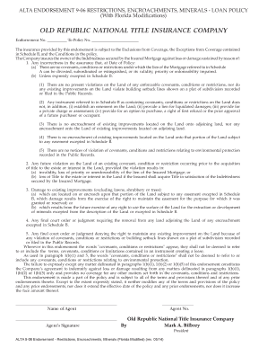 ALTA Endorsement 9-06 Restrictions Encroachments Minerals - Loan Policy with Florida Modifications ALTA Endorsement 9-06 Restrictions Encroachments Minerals - Loan Policy with Florida Modifications