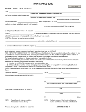 Maintenance Bond Agreement