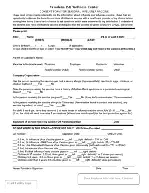 Pasadena ISD Influenza Vaccine Consent Form