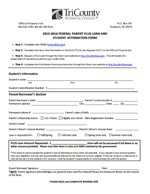 2015-2016 Federal Parent PLUS Loan and Student Affirmation Form