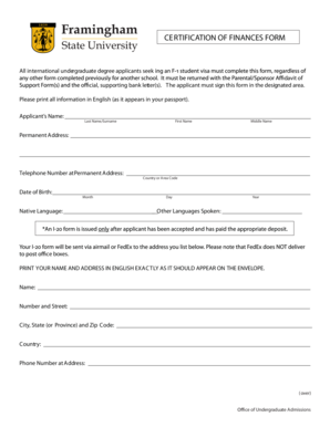 Framingham State University Certification of Finances Form