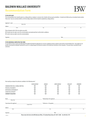 Baldwin Wallace University Recommendation Form