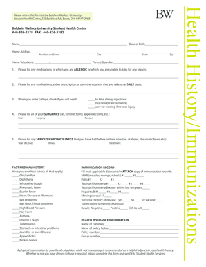 Baldwin Wallace University Student Health Form