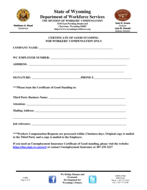 Wyoming Workers' Compensation Certificate of Good Standing