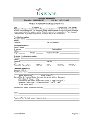 UniCare Home Health Care/Hospice Pre-Review Form