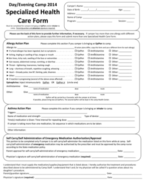 Specialized Health Care Form for Campers