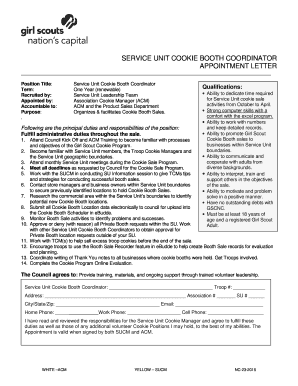 Service unit cookie booth coordinator appointment letter