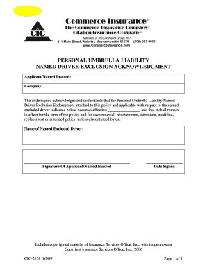 Personal Umbrella Liability Named Driver Exclusion Acknowledgment