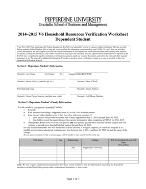 2014–2015 Household Resources Verification Worksheet