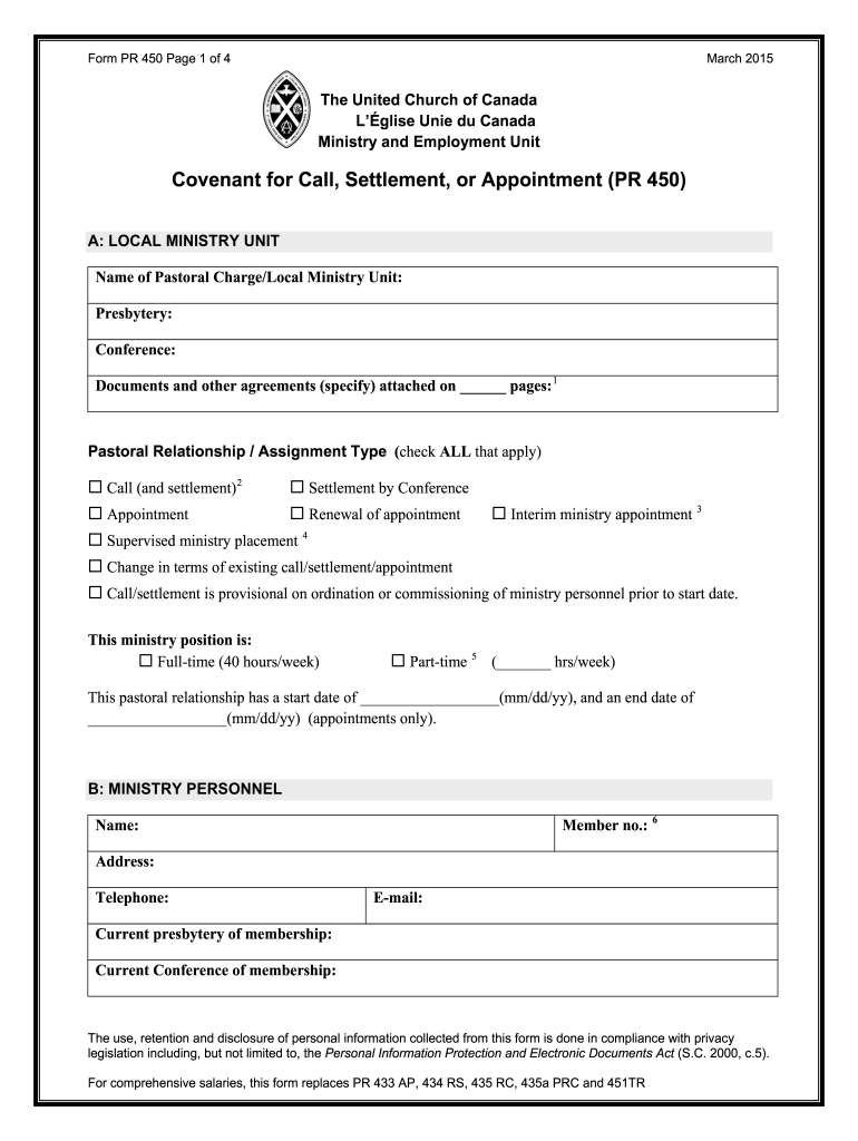 Covenant for Call Settlement or Appointment PR 450 For comprehensive salaries this form replaces PR  Preview on Page 1