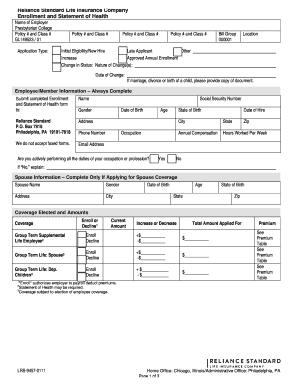 Reliance Standard Life Insurance Enrollment Form