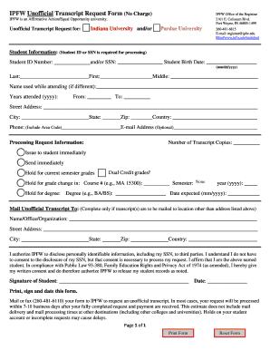 IPFW Unofficial Transcript Request Form