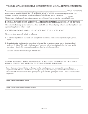 Virginia Advance Directive Supplement for Mental Health