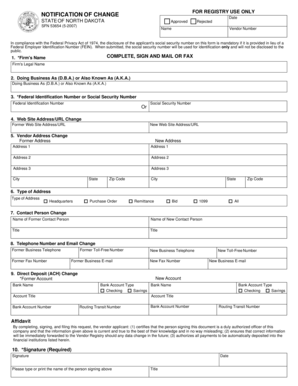 North Dakota Vendor Notification of Change