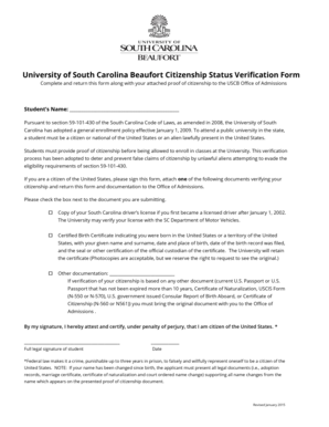 University of South Carolina Citizenship Status Verification Form