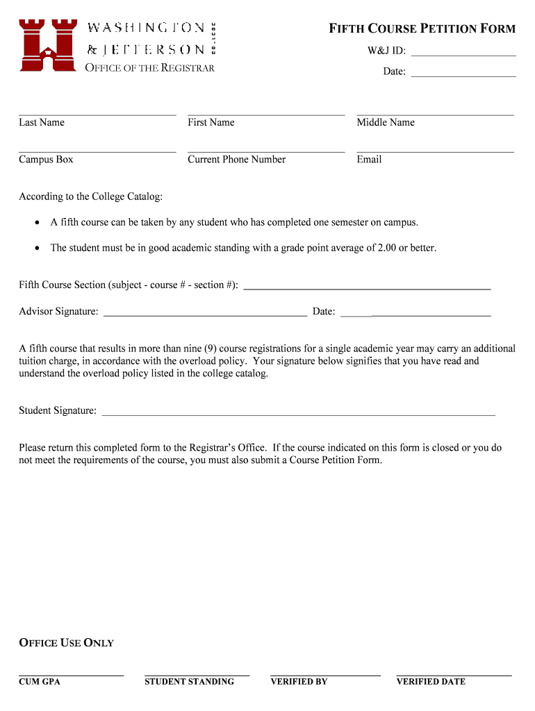 Fillable Online wiki washjeff FIFTH COURSE PETITION FORM wiki