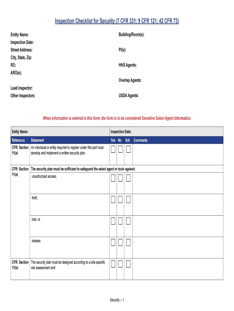 Fillable Online selectagents APHIS-CDC Security Section 11 Checklist ...