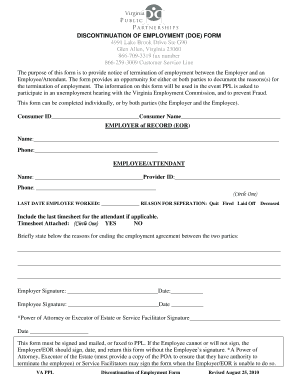 Virginia Discontinuation of Employment Form