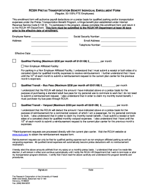 RCUH Pretax Transportation Benefit Enrollment Form