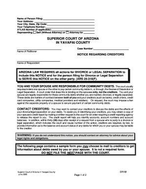 Arizona Divorce Legal Separation Creditor Notice