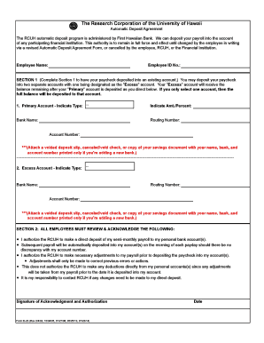RCUH Automatic Deposit Agreement