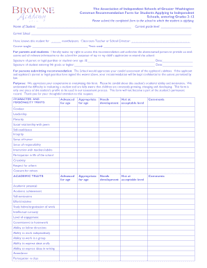 Common Recommendation Form for Independent School Students