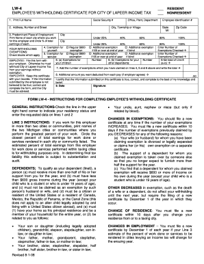 City of Lapeer Income Tax Withholding Certificate