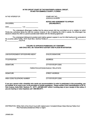 Florida Juvenile Delinquency Notice and Agreement to Appear
