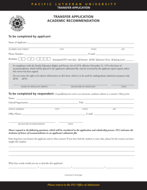 Pacific Lutheran University Transfer Application