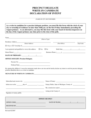Michigan Precinct Delegate Write-In Candidate Declaration