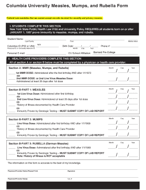 Columbia University MMR Immunization Form
